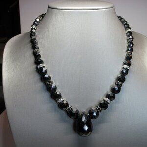 Black Faceted Beaded Necklace & Ornate Clasp, Teardrop Pendant, Glass Crystal